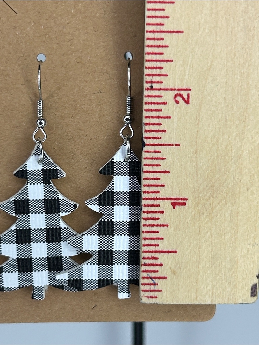 Black & White Buffalo Check Christmas Tree Earrings Fashion Jewelry - Picture 2 of 3